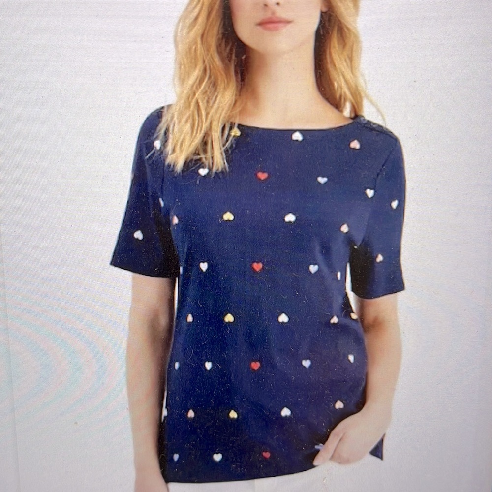 Charter Club Cotton Happy Hearts 💕 Intrepid Blue Short Sleeve Top